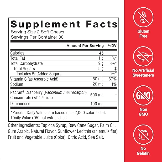 Force Factor Cranberry Soft Chews, Cranberry Supplement with D Mannose and Cranberry Extract to Support Bladder and Urinary Tract Health for Women, Vegan, Sweet Cranberry Flavor, 60 Soft Chews