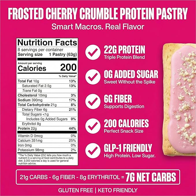 Legendary Foods 22g Protein Pastry 0g Added Sugar, Low Carb, Gluten Conscious, Keto Snack, Ideal for Glucose Management, Includes Whey Protein Isolate, 8 Pack Cherry Crumble