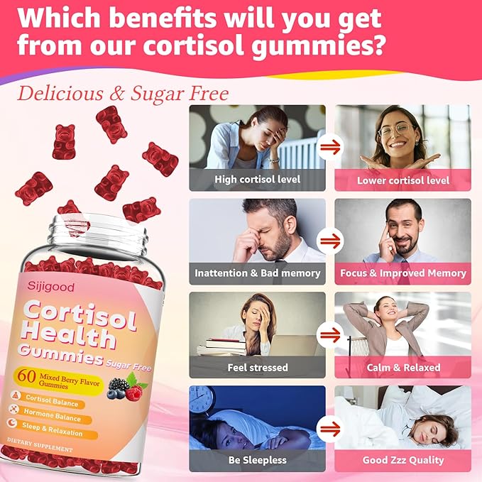 Cortisol Gummies - Cortisol Supplements for Women & Men with Ashwagandha, Magnesium, L-theanine for Cortisol Balance, Support Relaxation, Energy, Zzz, Mixed Berry Flavor, 60Ct