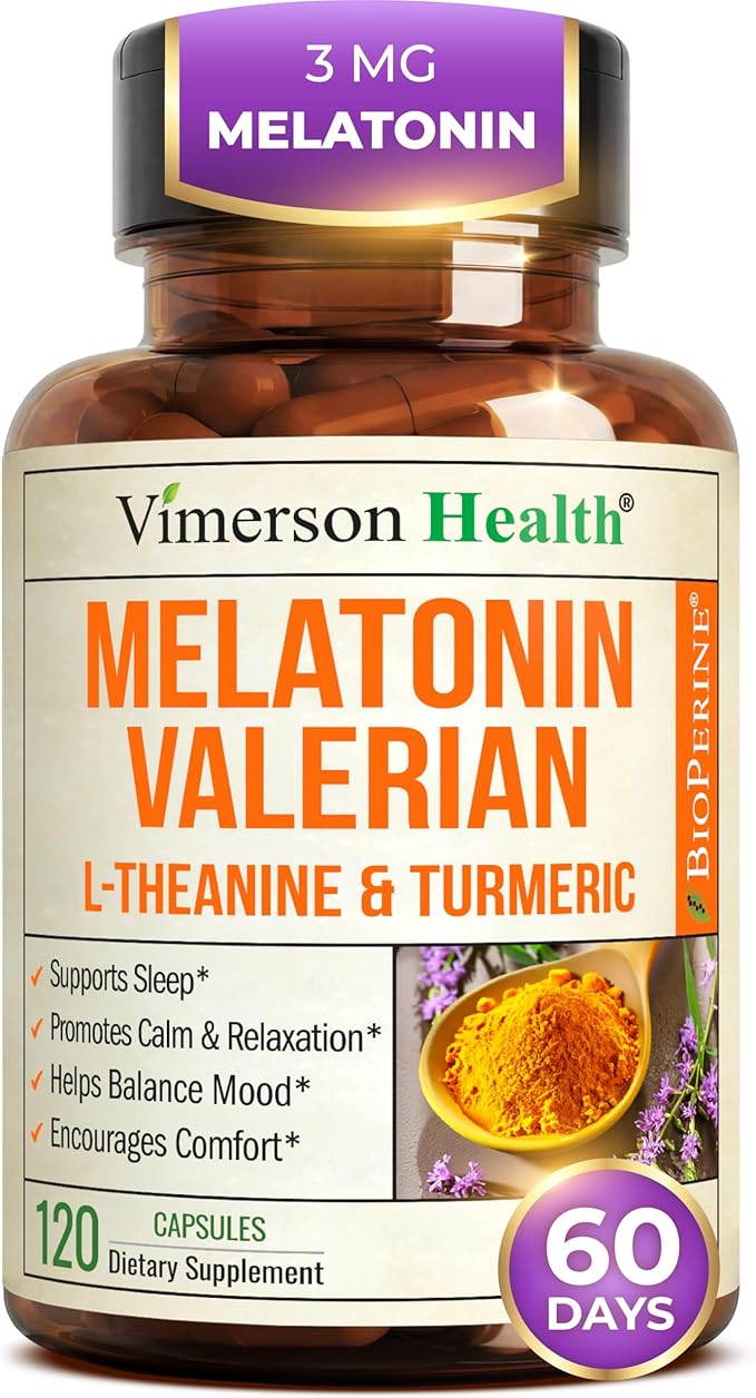 Melatonin 3mg Sleep Aid with L-Theanine & Valerian Root – Turmeric Curcumin Supplement with Ginger & Black Pepper – Organic Turmeric Supplement for Sleep, Calm and Stress Relief Support – 120 Capsules