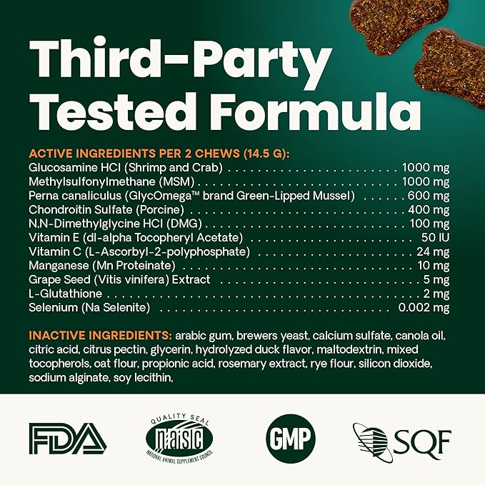 VetriScience Ultimate Strength Healthy Hip & Joint Chews, GlycoFlex Glucosamine,Chondroitin & Green-Lipped Mussel Support Supplement for Dogs, Soothe Joint Discomfort,Duck,60 Count (Pack of 2)