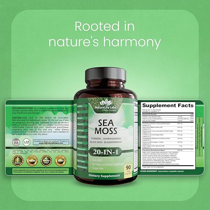 Sea Moss, Black Seed Oil, Bladderwrack, Turmeric, Ashwagandha, Burdock, Vitamin C, D3, Yellow Dock Root, Manuka, Dandelion - 90 Veggie caps