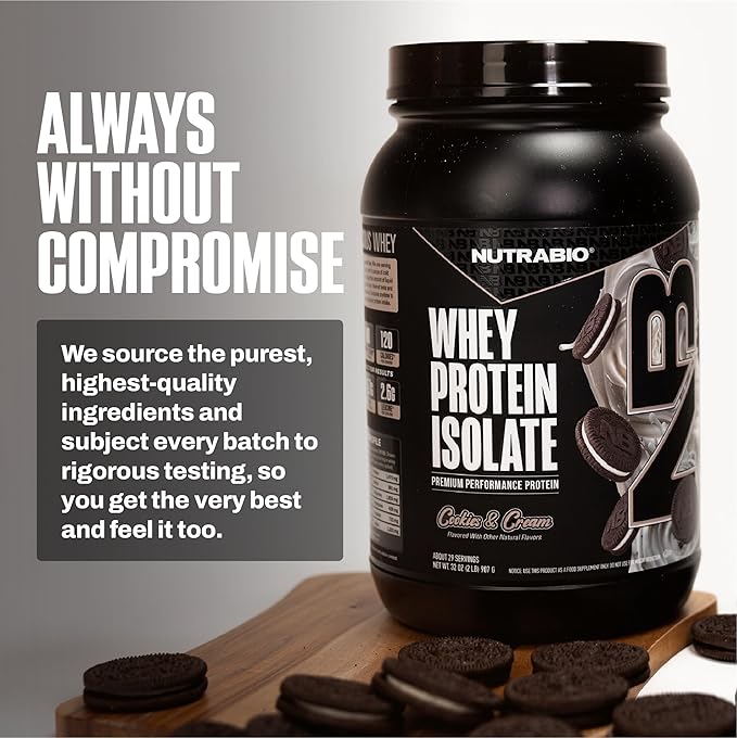 NutraBio 100% Whey Protein Isolate Protein Powder, 25g Protein with Complete Amino Acid Profile, Non-GMO, Soy & Gluten Free, Low Carb, Low Calorie Whey Protein Powder, Cookies & Cream, 2 Lbs