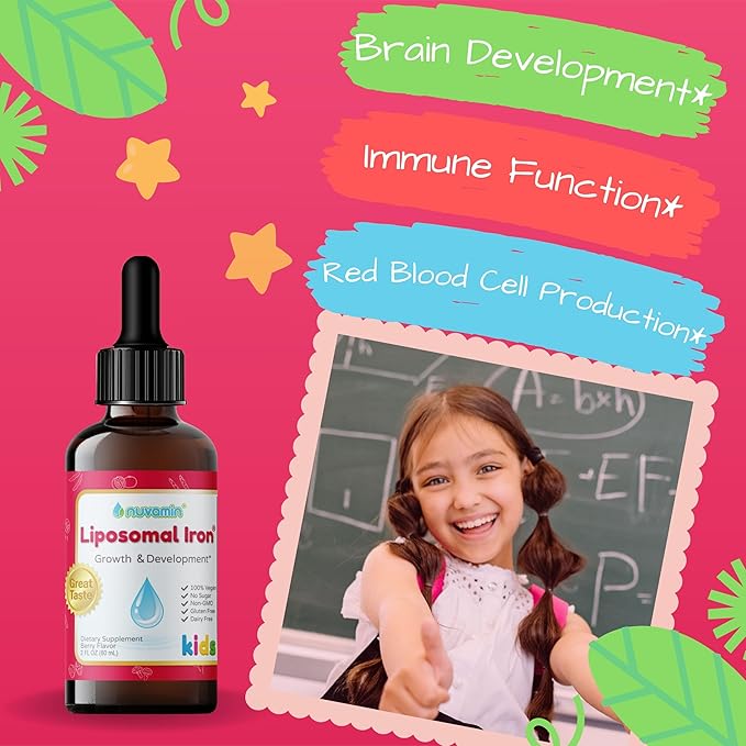 Nuvamin – Liquid Liposomal Iron Drops for Baby, Toddlers, Kids, & Teens, 2Fl.Oz (60ml), 120 Daily Serving. Great Taste - All Natural - Vegan - No Metallic Aftertaste, Berry Flavor