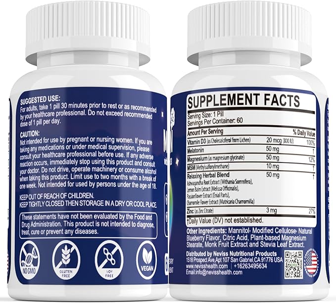 NEVISS Melatonin 50 mg for Adults - Extra Strength 9-in-1 Fast Dissolve Sublingual - High Dose with Magnesium Glycinate, Vitamin D3, Ashwagandha, Lemon Balm, Chamomile, Sugar Free, Vegan,60 Tablets