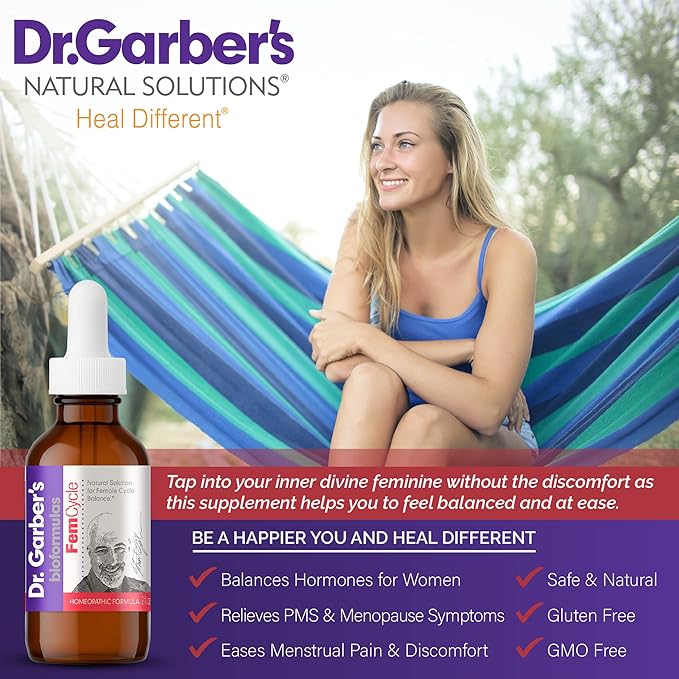 Dr. Garber's Natural Solutions Fem Cyle Oral Drops - Gemmotherapy Liquid Supplement to Balance Hormones and Relieve PMS, PMDD, Hot Flashes, Menopause, and Menstrual Symptoms - 60ml