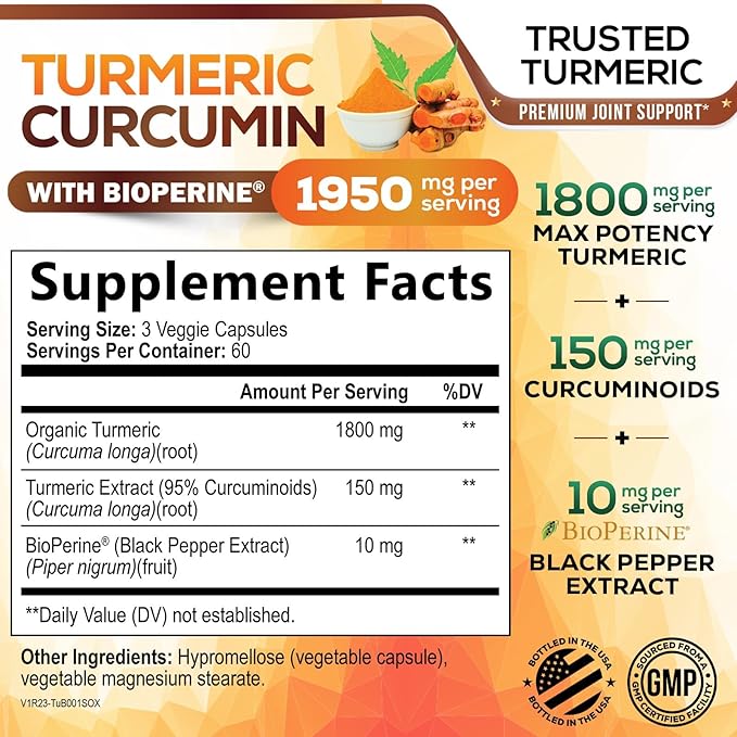 Turmeric Curcumin Supplement - 95% Curcuminoids with Organic Turmeric & BioPerine Black Pepper for Best Absorption - Daily Joint & Immune Health Support, Vegan, Non-GMO, Bottled in USA - 180 Capsules