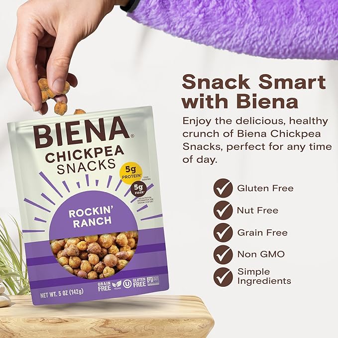 BIENA Chickpea Snacks - Crunchy Roasted Chickpeas - High Fiber Vegan Protein Snacks for Adults and Kids - 8-Pack, 5 Ounce Bags - Rockin’ Ranch