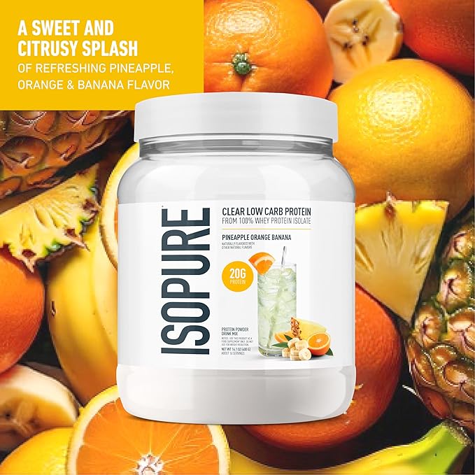 Isopure Clear Whey Isolate Protein Powder, Lactose Free, Gluten Free, Naturally Flavored, Pineapple Orange Banana, 20g Protein Per Serving, 14.1 Oz, 16 Servings (Packaging May Vary)