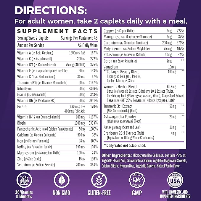 Vitamin World Ultra 360 Multivitamin for Women, Women's Multivitamin with Herbs & Collagen for Hair, Skin & Nails, Supplement with Iron, Vitamin A, B, C, D, E for Energy & Immune Support, 90 Caplets