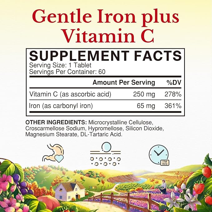 Vitalitown Iron Supplement for Women Men, High Potency 65mg Iron with Vitamin C 250mg, Less Constipating, Better for Blood Building & Energy Improvement, No Gluten, Non-GMO,60 Vegan Iron Pills