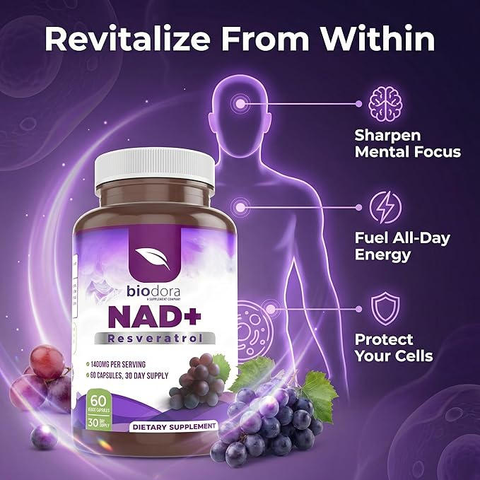Resveratrol NAD+ 1400mg | Trans-Resveratrol Antioxidant NAD Supplement with NAD | Support Cellular Health, Energy & Anti Aging (60 Capsules)
