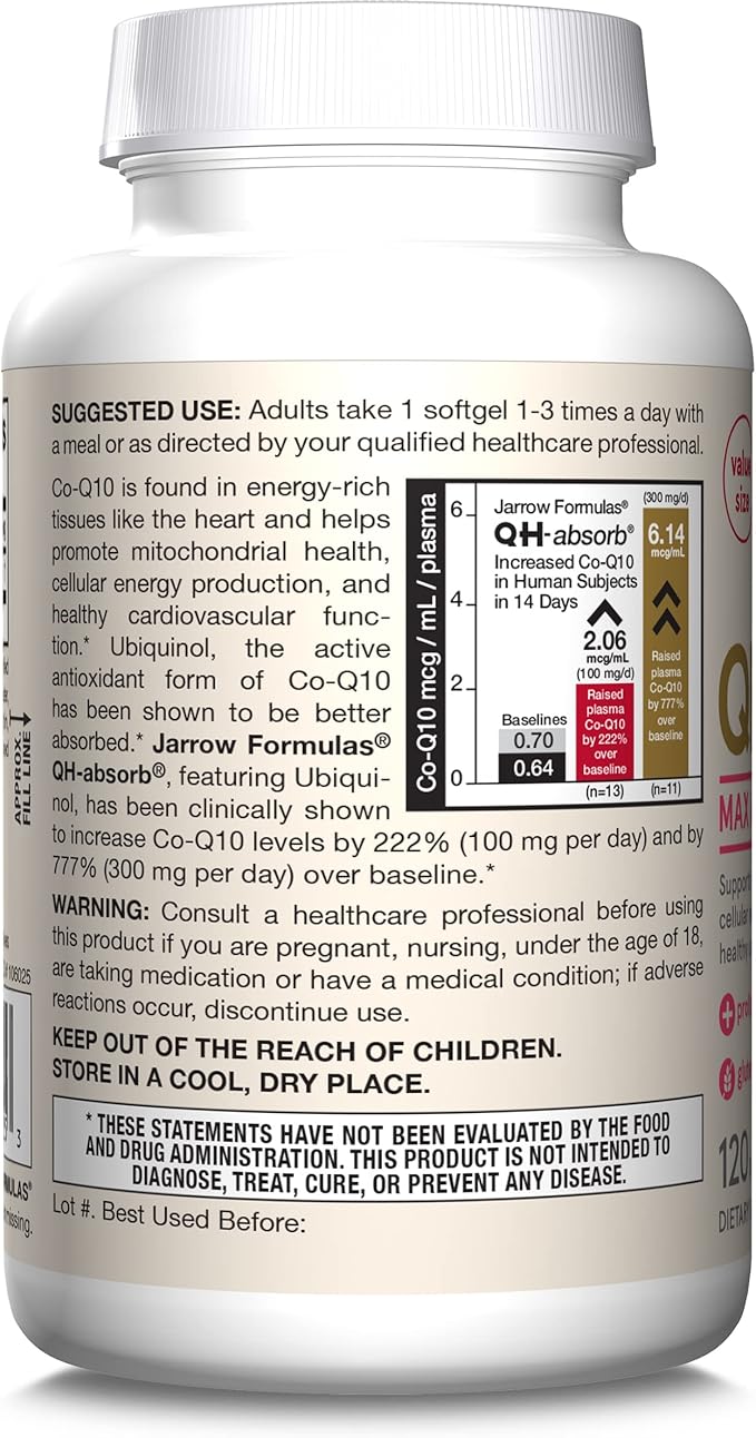 Jarrow Formulas QH-Absorb Ubiquinol 100mg - 120 Softgels - High Absorption & Active Antioxidant Form of Co-Q10 - Supports Mitochondrial Energy Production & Healthy Cardiovascular Function