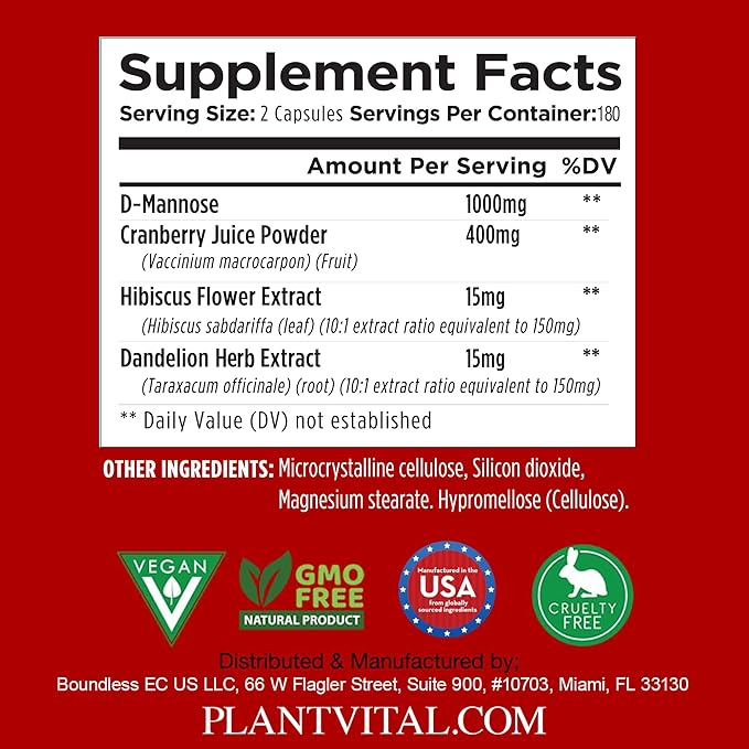 Plantvital D Mannose Capsules with Cranberry - D-mannose 1000mg per serving - High Potency for Bladder, Kidney and Urinary Tract Support - Cranberry Powder with Hibiscus and Dandelion- 6 Months Supply