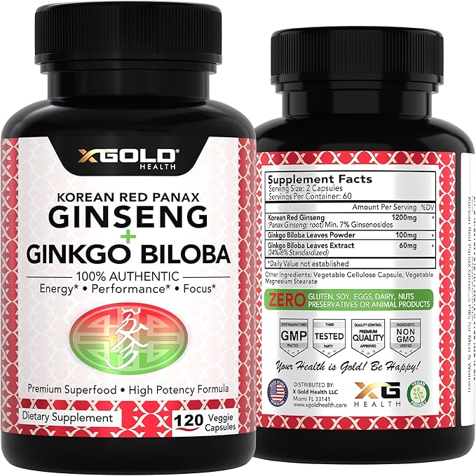 X Gold Health Korean Red Panax Ginseng + Ginkgo Biloba 7% Ginsenosides Extra Strength Energy, Memory, Focus & Brain Support Premium Supplement for Men & Women Non-GMO, 120 Vegan Capsules