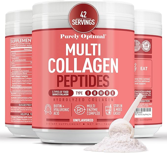 Purely Optimal Collagen Peptides Powder - 5 Types Hydrolyzed Collagen Peptides with Biotin, B12, & Hyaluronic Acid for Hair, Skin, Nails, Bones & Joints - Unflavored, Easy Mixing, 16oz, 42 Servings