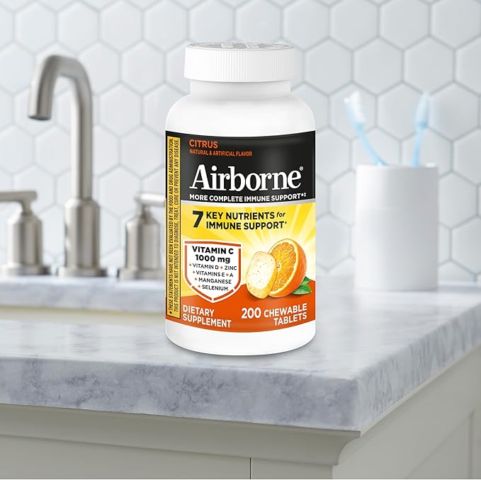 Airborne 1000mg Vitamin C with D and Zinc, Multivitamin Immune Support Supplement with Antioxidants A, C, and E, 200 Chewable Tablets, Citrus Flavor,(Pack of 2)