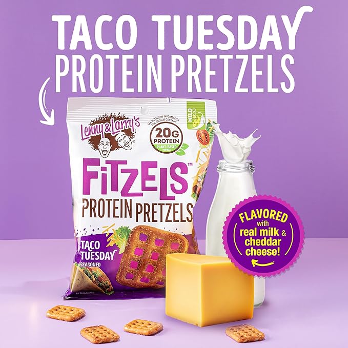 Lenny & Larry's Protein Pretzel [Taco Tuesday] FITZELS - Crunchy, Salty, Savory, Tasty Snack High in Protein - 20 g's of Plant Protein 8 Bags, 3 oz Each