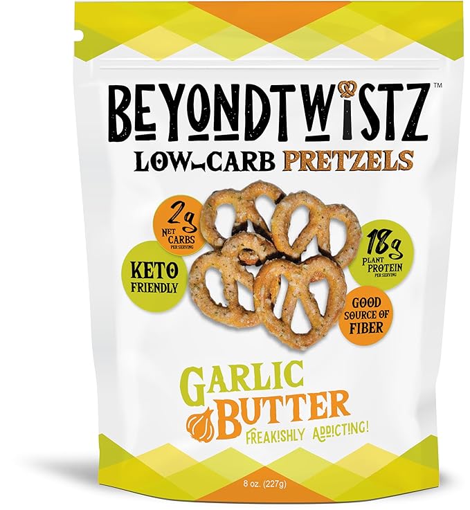 BeyondTwistz Low Carb Pretzels, Garlic Butter, Keto Friendly, 2g Net Carbs, 18g Protein, Powered By HealthSense® High Fiber Wheat Flour, Family Size 8oz Bag, Pack of 1