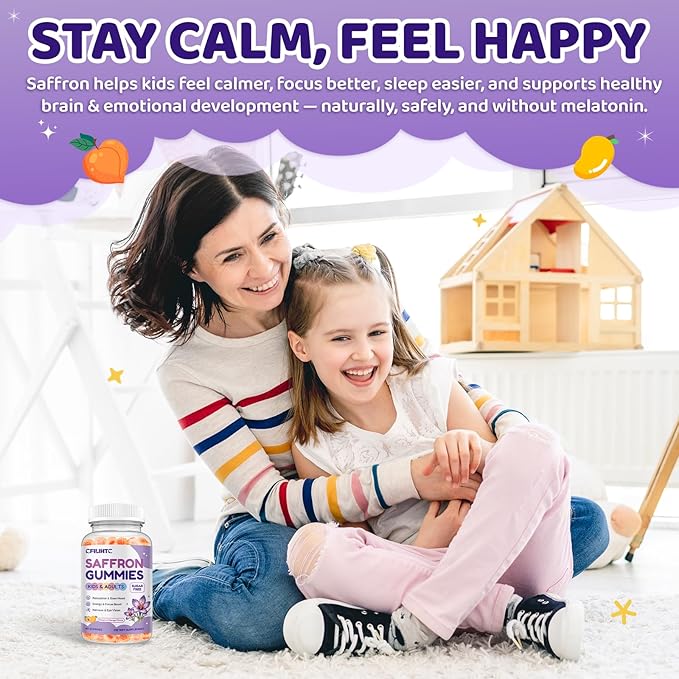 Saffron Gummies for Kids & Adults, 20-in-1 Saffron Supplements with 88.5mg Saffron Extract, B6, B12, C, D3, Magnesium for Calm, Focus, Nerve, Sugar Free, Vegan, Non-GMO, Peach Mango Flavor, 60 Counts