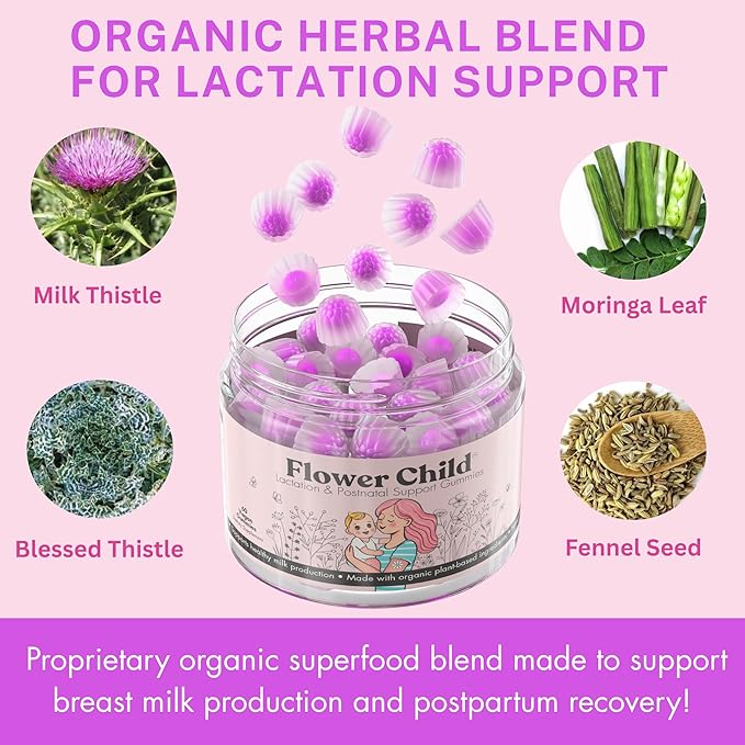 Flower Child Breastfeeding Gummies for Milk Production with Organic Moringa, Milk Thistle, Choline & DHA, Lactation Supplement Postnatal Recovery Vitamins, Fenugreek Free, Vegan, 60 Count