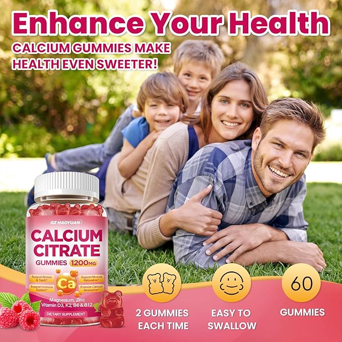 Calcium Citrate Gummies - 1200mg Calcium Gummies Supplements for Women & Men with Vitamin D3, K2, Magnesium, Zinc High Absorption for Bone, Muscle & Immune Support, Raspberry Flavor, 60 Count