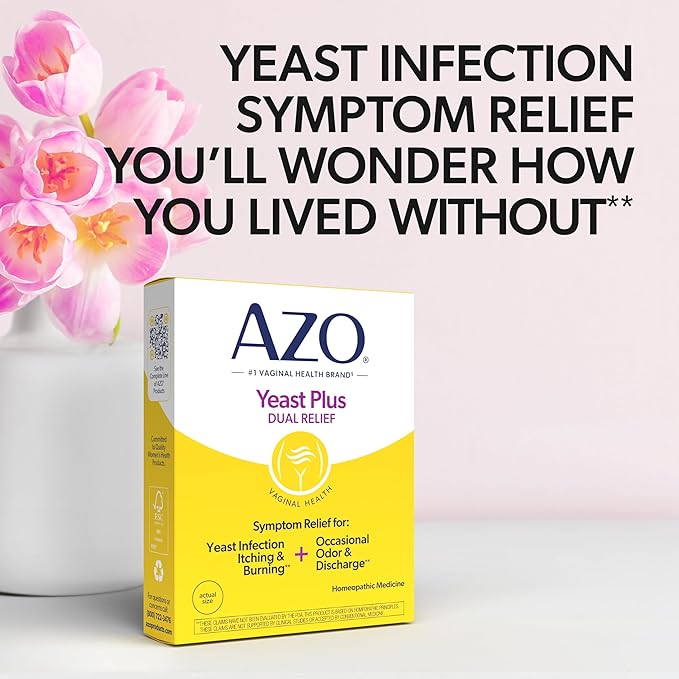 AZO Yeast Plus Dual Relief Homeopathic Medicine | Yeast Infection Symptom Relief: Itching & Burning | Vaginal Symptom Relief: Occasional Odor & Discharge | #1 Most Trusted Brand | 2 Pack (60ctx2)