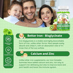 Iron Supplement Gummies for Kids - with Calcium, Zinc, Kids Multivitamin with Iron Gummies - Immune Support, Blood Builder & Energy Support for Iron Deficiency, Anemia, Apple & Kiwi Flavor, 60 Count