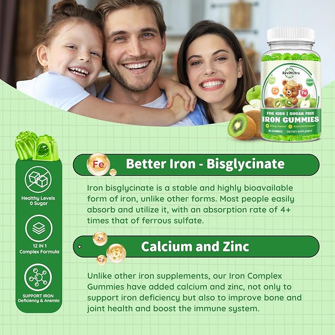 Iron Supplement Gummies for Kids - with Calcium, Zinc, Kids Multivitamin with Iron Gummies - Immune Support, Blood Builder & Energy Support for Iron Deficiency, Anemia, Apple & Kiwi Flavor, 60 Count