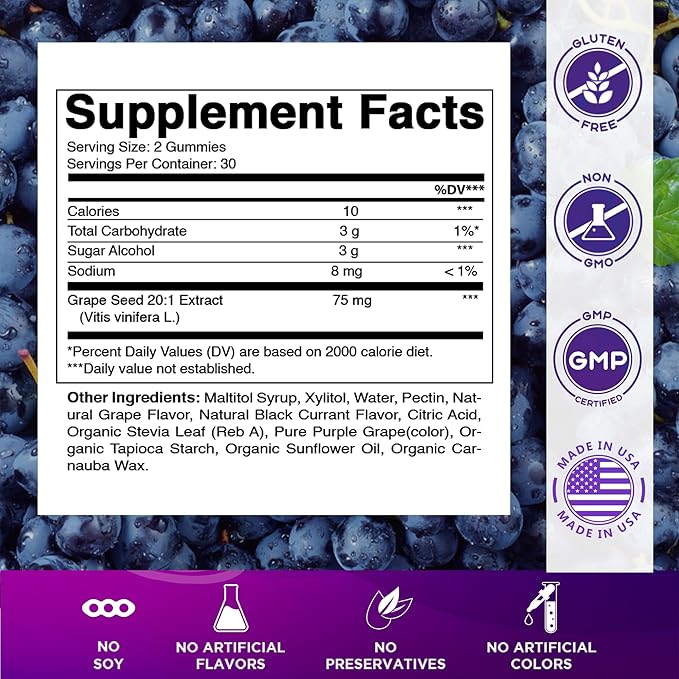 Vitamatic Grape Seed Extract Gummies – Plant-Based Botanical Extract – Natural Grape & Black Currant Flavor – Vegan, Non-GMO – Herbal Supplement – 60 Gummies