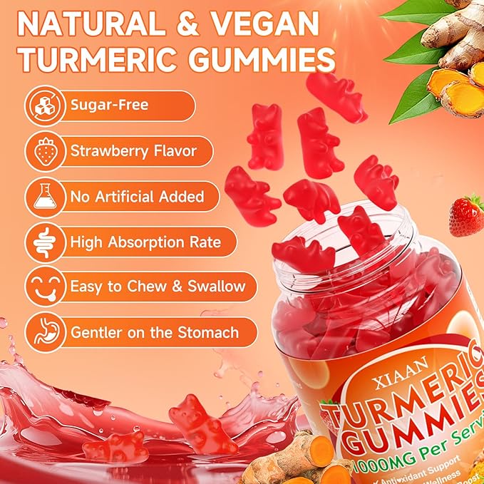 Turmeric Gummies 1000mg, Organic Turmeric Curcumin Supplement with Black Pepper for Immune & Muscle Support, Sugar-Free/Vegan/Gluten-Free, Strawberry Flavor 60 Count
