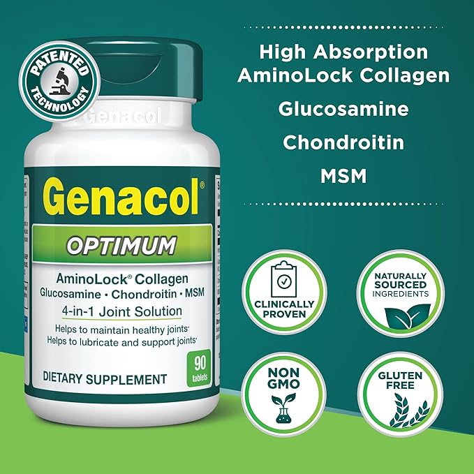 Genacol Optimum – Glucosamine, Chondroitin, MSM and Ultra-Hydrolyzed Collagen Tablets, Maintains Healthy Joints, Protects & Lubricate Cartilage, 90 Tablets (30-Day Supply)