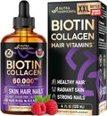 Liquid Biotin & Collagen 60,000 mcg - Vitamins for Hair Growth Support - Extra Strength Drops for Women & Men - Liquid Collagen Supplement - Strong Nails & Healthy Skin - Made in USA - 4 Fl Oz