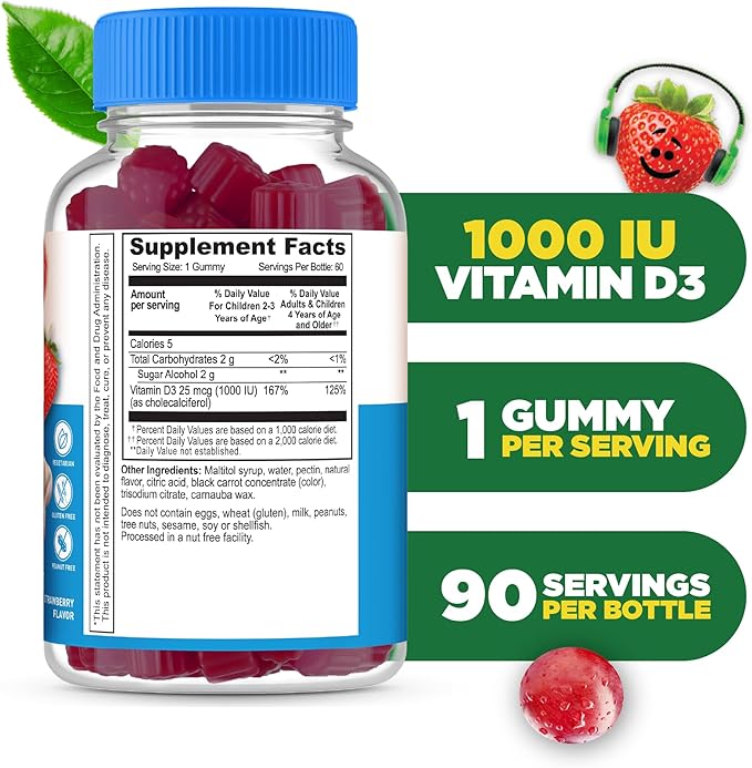 Lifeable Sugar Free Vitamin D for Kids 1000 IU – Great Tasting Natural Flavor Gummy Supplement – Gluten Free Vegetarian Chewable – for Strong and Healthy Bones, for Children, Teen, Toddler, 90 Gummies