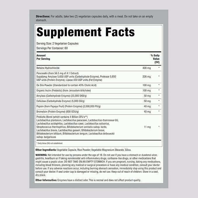 Lindberg Complete Digestant Multi-Enzyme Formula with Pancreatin and Betain Hydrochloride, 120 Capsules