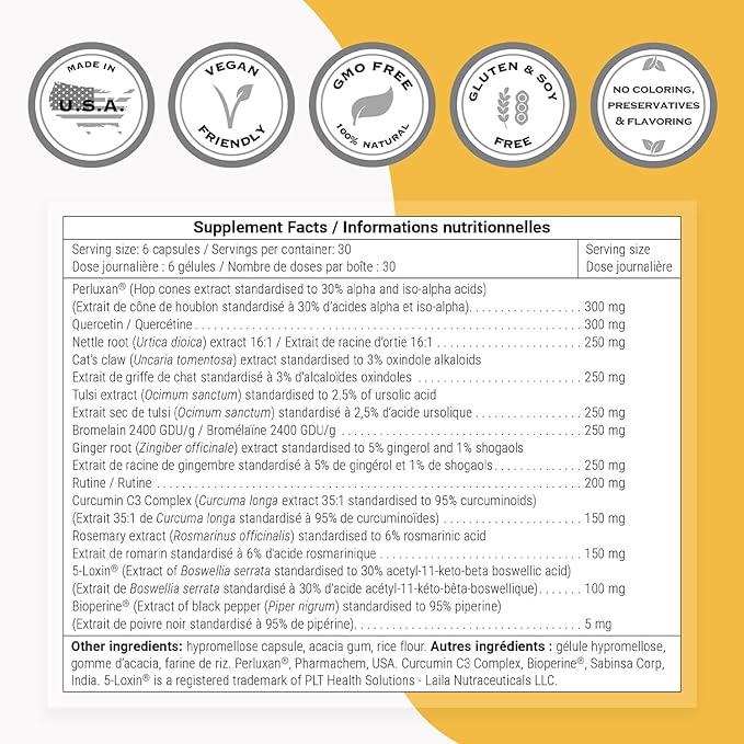 Supersmart - InflaRelief Formula (Perluxan) - Powerful Blend Curcumin C3, 5 Loxin, Bioperine - Enhanced Formulation | Non-GMO & Gluten Free - 180 Vegetarian Capsules