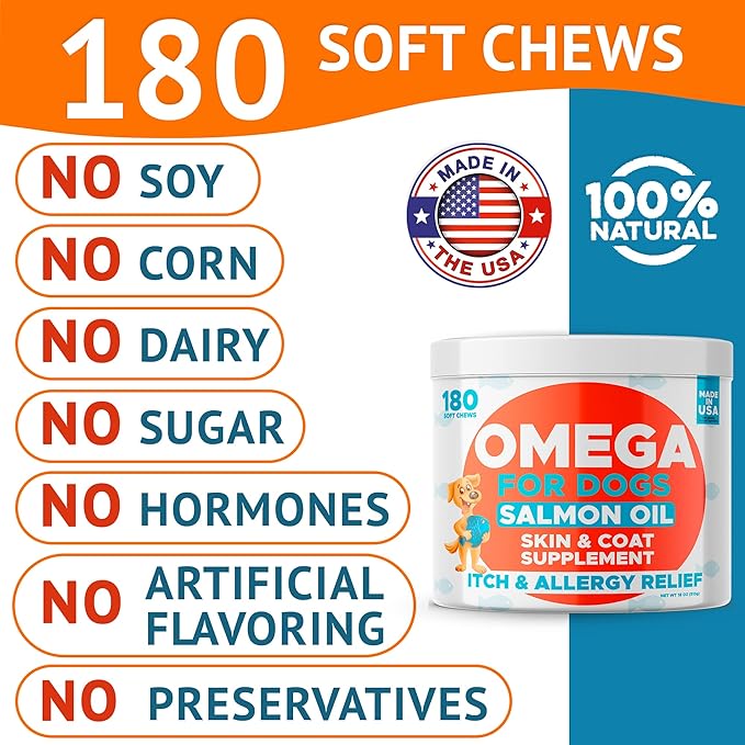 Omega 3 Fish Oil for Dogs (180Ct) - Skin&Coat Chews - Dry & Itchy Skin Relief + Allergy Support - Shiny Coat - EPA&DHA Fatty Acids - Alaskan Salmon Oil Chews Promotes Heart