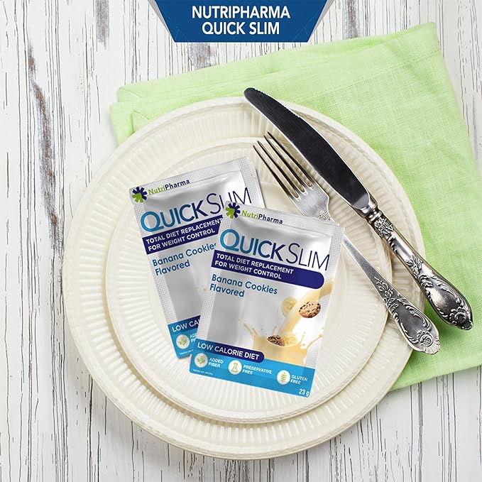 Quick Slim High Protein Shakes for Weight Loss, 30 Servings, Complete Meal Replacement Powder, Diet Shakes for Women & Men, 20g Protein, 27 Vit & Min, Keto, Gluten Free (Banana Cookies, 30 Sachets)
