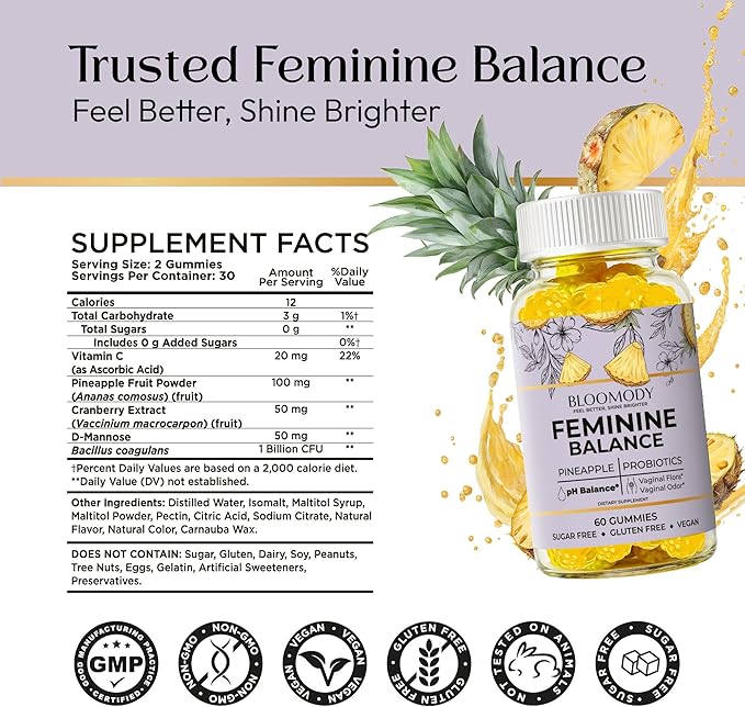 Probiotic Feminine Balance Gummies for Women - pH Balance & Vaginal Health Supplement with Cranberry Vitamin C - Natural Pineapple pH Balancing Gummy for Healthy Odor Hygiene Support