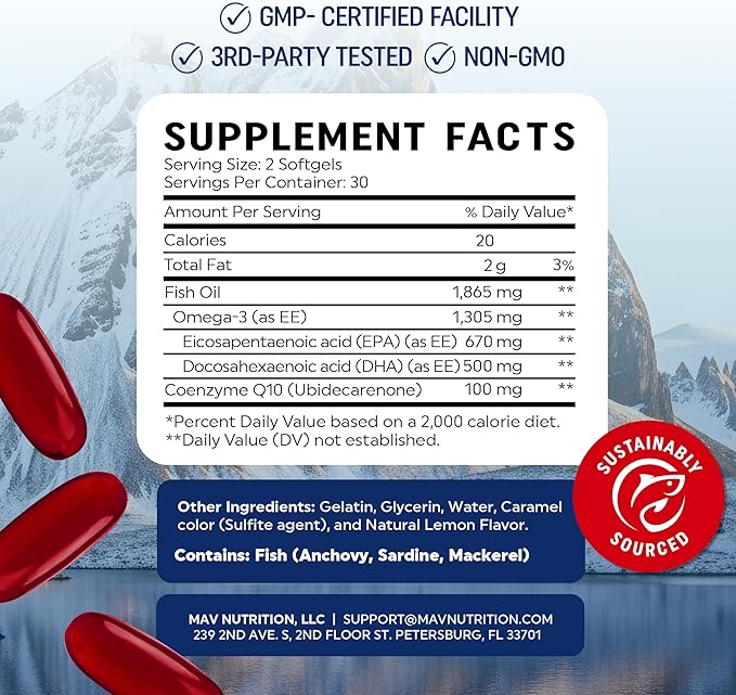 Omega 3 Fish Oil + Co Q10 | 1305MG Omega-3 with CoQ10 100MG for Heart Health, Cellular Energy, and Antioxidant Support | Co Q 10 + Omega3 | Coenzyme Q10 Fish Oil Supplements | Non-GMO | 60 Ct