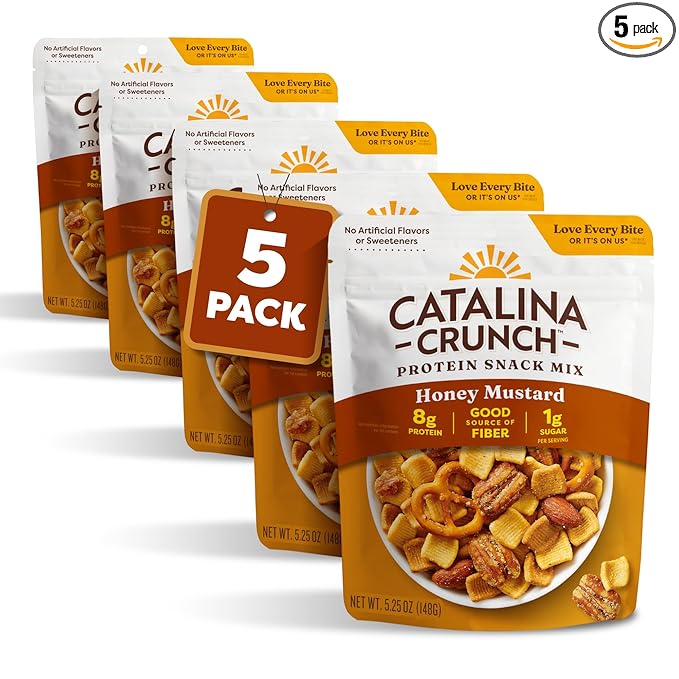 Catalina Crunch Protein Snack Mix | 8g Protein, 1g Sugar per Serving | Good Source of Fiber, Keto, Gluten Free | Honey Mustard, 5.25 Ounce Bag (Pack of 5) - Packaging May Vary