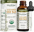Live Wise Naturals Vegan D3 K2 Vitamin 5000 IU, 90 MCG (MK-7) Drops - 60 Servings, Ultra Concentrated Formulation, and Fast Absorption - Precision Micro-Dosing Dropper for Cognitive & Immune Support