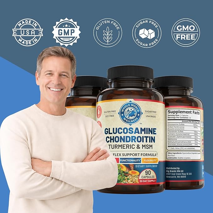 Joint Support Supplement with Glucosamine Chondroitin MSM Turmeric Boswelia. Supports Inflammatory Response, Discomfort Relief for Knees Hands Back Joints. USA Made.