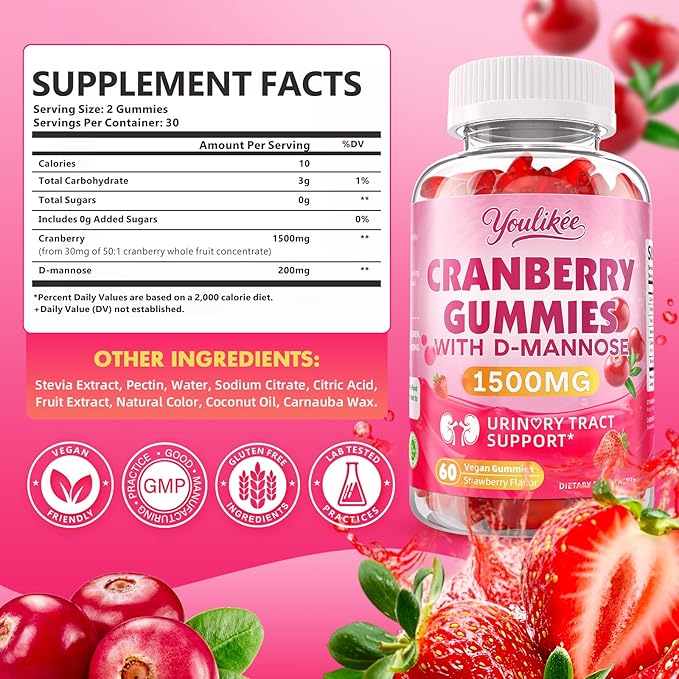 2 Pack Vegan Cranberry Gummies with D Mannose - Supports Urinary Tract Health for Women & Men, Sugar-Free, Non-GMO and Gluten Free, Strawberry Flavor, 120 Count