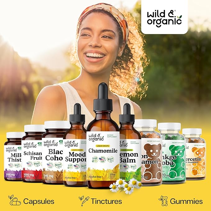 Wild & Organic Chamomile Tincture - Add to Tea for Relaxation Support - 500 mg Chamomile Flowers Drops - Mood Support Herbal Supplement - 28-Day Supply - Vegan, Sugar & Alcohol-Free - 2 fl oz