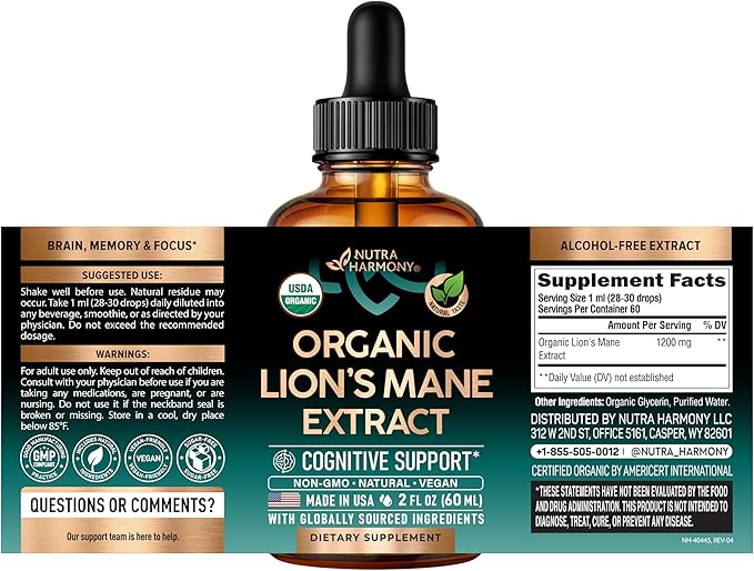 Lions Mane Liquid - USDA Certified Organic Lions Mane Supplement - Brain Support, Energy, Memory & Focus - Sugar & Alcohol-Free Lion's Mane Mushroom Extract 72,000 mg / Bottle, 2 Fl OZ, 2 Month Supply