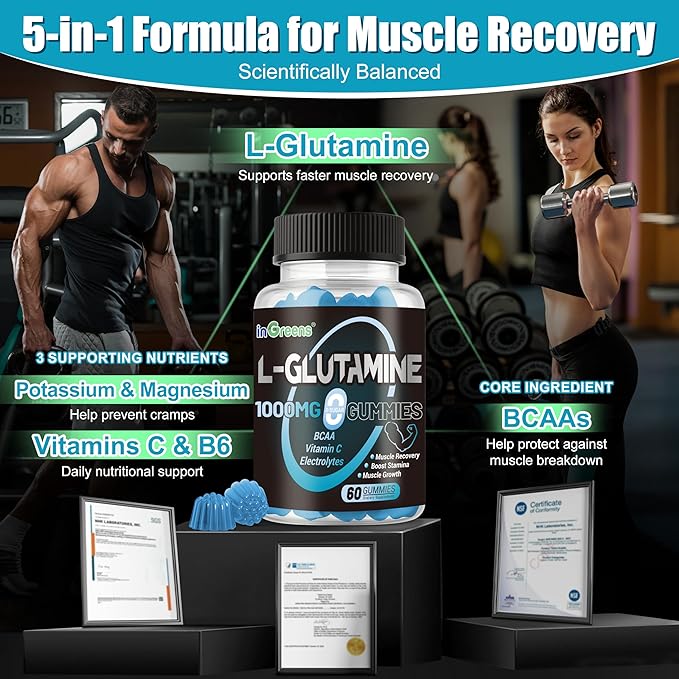 L-Glutamine Gummies 1000mg with BCAA, Potassium, Magnesium & Vitamin C, Muscle Recovery, Endurance Support & Daily Nutrition, Portable Supplement for Men＆Women, Lime Grapefruit Flavor, 60 Count