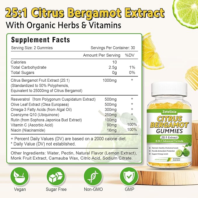 Citrus Bergamot Gummies, Citrus Bergamot Supplement for High Cholesterol, Cholesterol Lowering Supplement for Heart, Immune System & Healthy Aging Support, Sugar Free, Vegan, Lemon Flavor, 60 Count