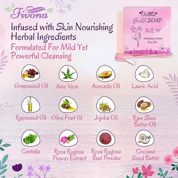 FIVONA Yoni Soap Herbal Bar 5.3oz for Gentle Feminine Intimate Wash and Whole Body All-Natural Handmade Includes Exfoliating Scrubber Foaming Net - Natural Detox and Vagi Cleansing