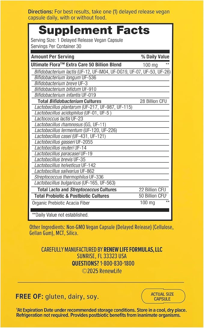 Renew Life Extra Care Go-Pack Probiotic Capsules, Daily Supplement Supports Immune, Digestive and Respiratory Health, L. Rhamnosus GG, Dairy, Soy and gluten-free, 50 Billion CFU, 30 Ct